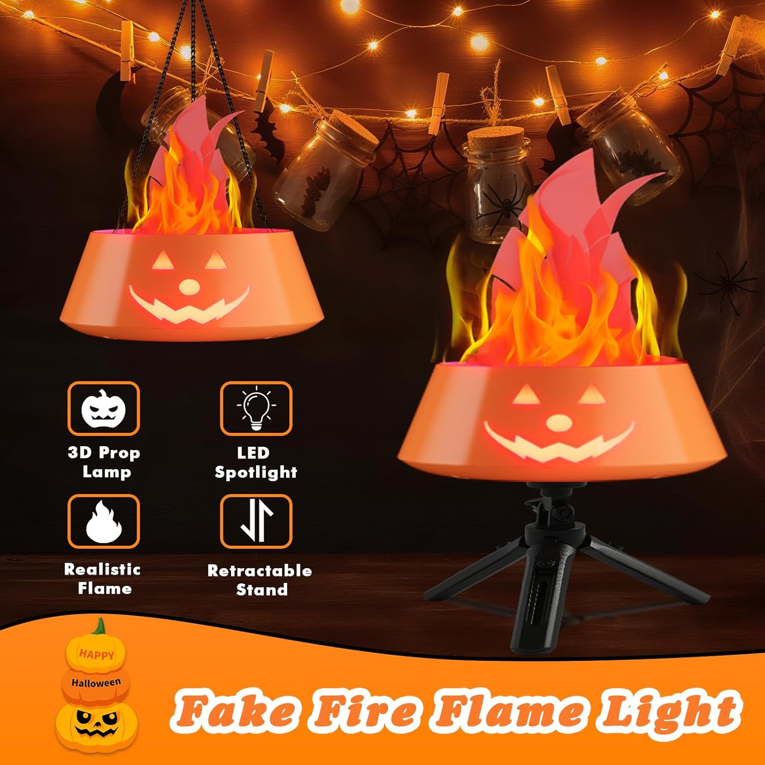 Halloween Decorations Indoor Outdoor, Collasis Halloween Decor Pumpkin Lights Hanging 3D Fake Fire Effect Lamp, Vintage Table Decor Lighting Lanterns Battery Operated Rechargeable for Party Home Yard